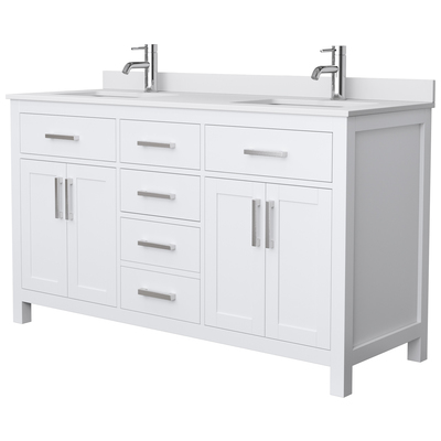 Beckett 60 Inch Double Bathroom Vanity in White, White Cultured Marble Countertop, Undermount Square Sinks, No Mirror