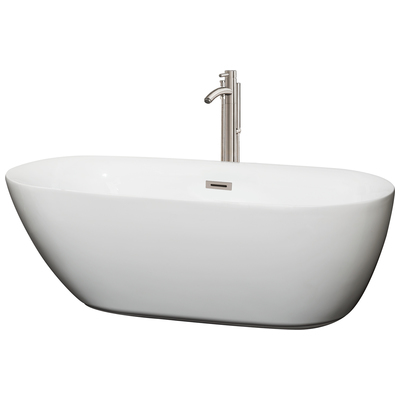 Wyndham Collection WCOBT100065ATP11BN 65 In. Center Drain Soaking Tub In White With Floor Mounted Faucet In Brushed Nickel