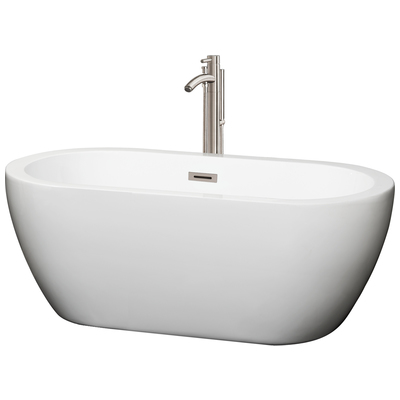 Wyndham Collection WCOBT100260ATP11BN 60 In. Center Drain Soaking Tub In White With Floor Mounted Faucet In Brushed Nickel