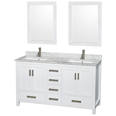 Wyndham Collection WCS141460DWHCMUNSM24 60 In. Double Bathroom Vanity In White, White Carrera Marble Countertop, Undermount Square Sinks, And 24 In. Mirrors