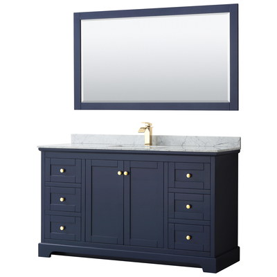 Avery 60 Inch Single Bathroom Vanity in Dark Blue, White Carrara Marble Countertop, Undermount Square Sink, and 58 Inch Mirror