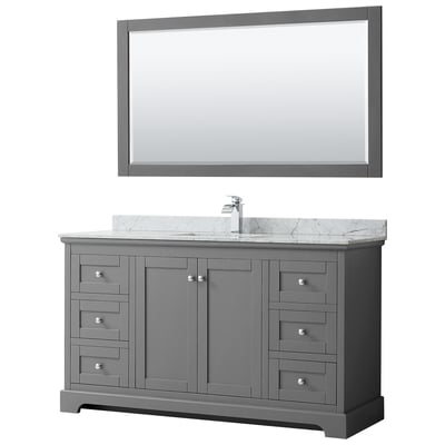 Avery 60 Inch Single Bathroom Vanity in Dark Gray, White Carrara Marble Countertop, Undermount Square Sink, and 58 Inch Mirror