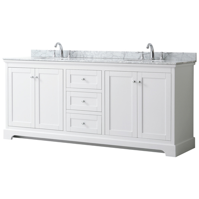 Avery 80 Inch Double Bathroom Vanity in White, White Carrara Marble Countertop, Undermount Oval Sinks, and No Mirror