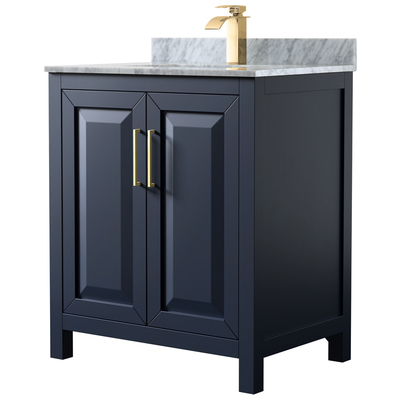 Daria 30 Inch Single Bathroom Vanity in Dark Blue, White Carrara Marble Countertop, Undermount Square Sink, No Mirror
