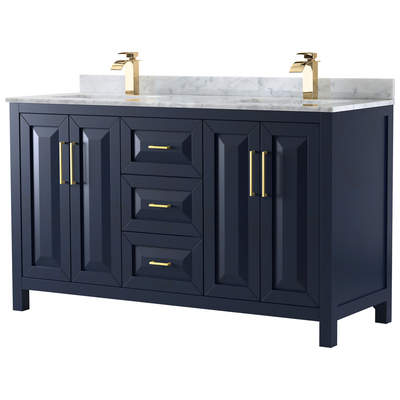 Daria 60 Inch Double Bathroom Vanity in Dark Blue, White Carrara Marble Countertop, Undermount Square Sinks, No Mirror