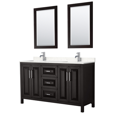 Daria 60 Inch Double Bathroom Vanity in Dark Espresso, Light-Vein Carrara Cultured Marble Countertop, Undermount Square Sinks, 24 Inch Mirrors
