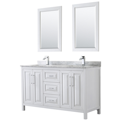 Wyndham Collection 60 Inch Double Bathroom Vanity In White, White Carrara Marble Countertop, Undermount Square Sinks, And 24 Inch Mirrors WCV252560DWHCMUNSM24