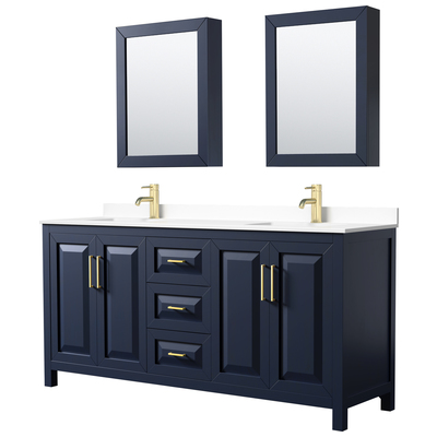 Daria 72 Inch Double Bathroom Vanity in Dark Blue, White Cultured Marble Countertop, Undermount Square Sinks, Medicine Cabinets