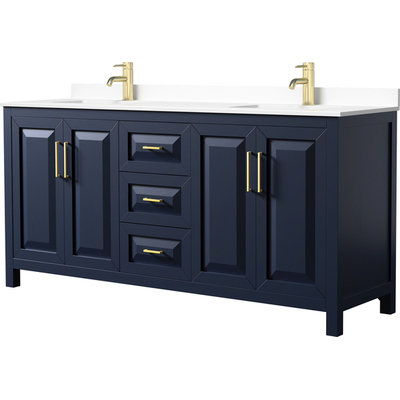 Daria 72 Inch Double Bathroom Vanity in Dark Blue, White Cultured Marble Countertop, Undermount Square Sinks, No Mirror