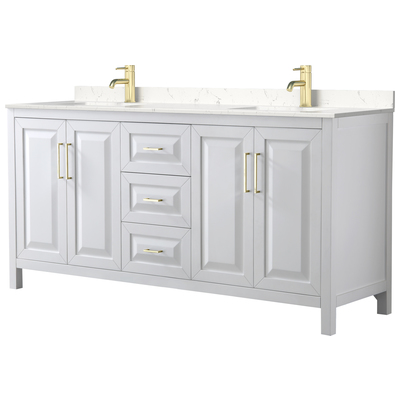 Daria 72 Inch Double Bathroom Vanity in White, Light-Vein Carrara Cultured Marble Countertop, Undermount Square Sinks, Brushed Gold Trim