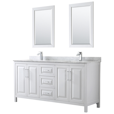 Wyndham Collection 72 Inch Double Bathroom Vanity In White, White Carrara Marble Countertop, Undermount Square Sinks, And 24 Inch Mirrors WCV252572DWHCMUNSM24