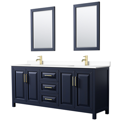 Daria 80 Inch Double Bathroom Vanity in Dark Blue, White Cultured Marble Countertop, Undermount Square Sinks, 24 Inch Mirrors