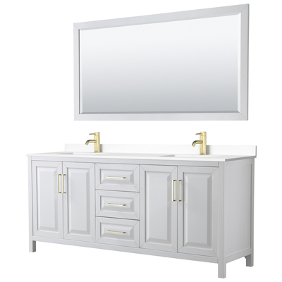 Daria 80 Inch Double Bathroom Vanity in White, White Cultured Marble Countertop, Undermount Square Sinks, 70 Inch Mirror, Brushed Gold Trim