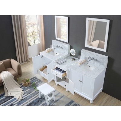 Direct Vanity Classic Spa Premium 83 In. Bath And Makeup Hybrid Bathroom Vanity In White With Marble Bathroom Vanity Top In Carrara White With White Basin And Mirrors 2S9-WWC-WM-MU1