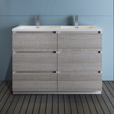 Fresca Lazzaro 48 inch Glossy Ash Gray Free Standing Modern Bathroom Cabinet W/ Integrated Double Sink  FCB93-2424HA-D-I