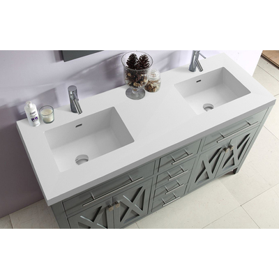 Laviva Wimbledon 60 inch Grey Double Sink Bathroom Vanity with Matte White VIVA Stone Solid Surface Countertop, 685757782647, 313YG319-60G-MW