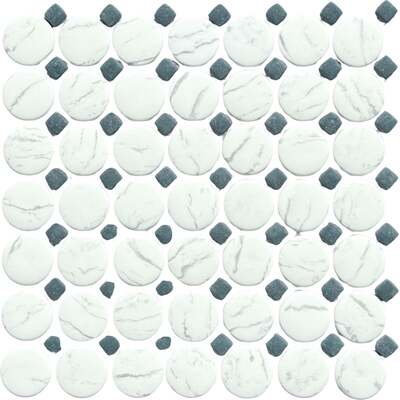 Soci tile SSA-1248 Timeless Series Carrara Penny with Blue Dot Matte Mosaic Tile