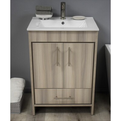Pacific 24 inch Modern Bathroom Vanity in Ash Grey with Integrated Ceramic Top and Stainless Steel Round Hollow Hardware MTD-3124AG-14 Made in USA