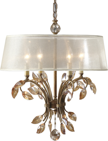 Uttermost Drum Pendants Chandelier Burnished Gold Metal With Golden Teak Crystal Leaves And A Silken Champagne Sheer Fabric Shade. NA