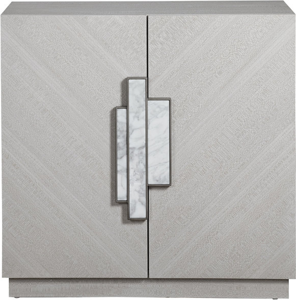 Uttermost  Accent Cabinets Chests and Cabinets Clean And Contemporary, This Two Door Cabinet Features An Upscale Feminine Style Layered In A Soft Gray Figured Koto Veneer. The Statement Geometric Hardware Features Inset White Marble Tiles With Brushed Silver Finished Accents. Hardware Connects To The Right-hand Door And Opens To Reveal One Adjustable Interior Shelf With Wire Management.