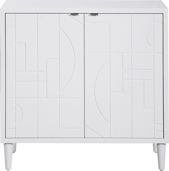  Uttermost Chests & Cabinets Chests and Cabinets Inspired By Classic Scandinavian And Nordic Designs, This Two Door Cabinet Is Constructed From Solid Wood And Layered In Maple Veneer With A Modern Gloss White Finish, Accented By Unique Geometric Carved Details And Stainless Steel Tab Door Pulls Finished In Polished Nickel. Has One Adjustable Interior Shelf And Wire Management.