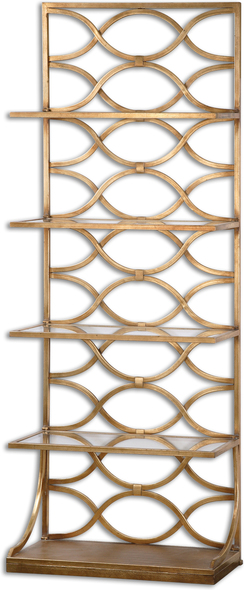 Uttermost Etageres Shelves and Bookcases Featuring A Graceful Forged Iron Fretwork Back, This Freestanding Etagere Is Finished In A Lustrous Gold Leaf Finish With Four Tempered Glass Shelves.