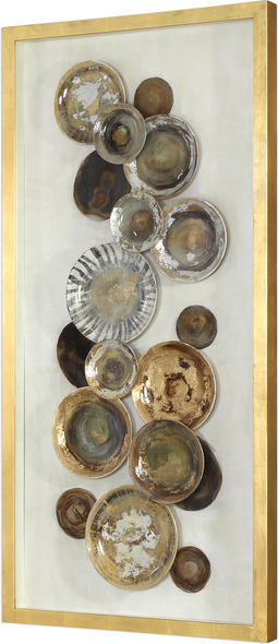  Uttermost Shadow Box / Wall Art Boxes and Bookends A Collection Of Hand Painted Multicolored Plates, Artfully Arranged Over A White Backing, Mounted In A  Metallic Gold Leaf Finished Pine Wood Shadow Box.