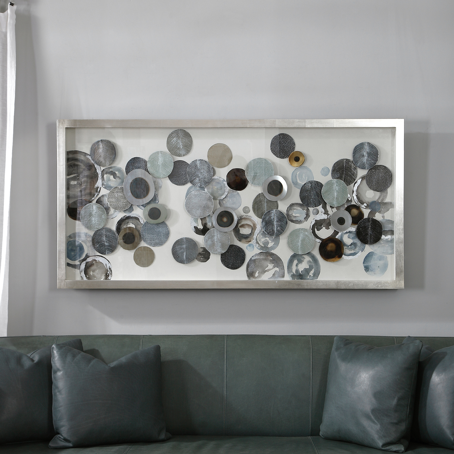  Uttermost Shadow Box Boxes and Bookends Abstract In Design, This Art Features Overlapping, Blow Torched Iron Discs With Hand Painted Acrylic Accents In Tones Of Silver, Brown, Blue, And Green. The Art Is Under Glass And Is Encased By A Lightly Antiqued Silver Leaf Shadow Box. May Be Hung Horizontal Or Vertical.
