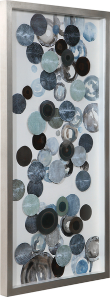  Uttermost Shadow Box Boxes and Bookends Abstract In Design, This Art Features Overlapping, Blow Torched Iron Discs With Hand Painted Acrylic Accents In Tones Of Silver, Brown, Blue, And Green. The Art Is Under Glass And Is Encased By A Lightly Antiqued Silver Leaf Shadow Box. May Be Hung Horizontal Or Vertical.