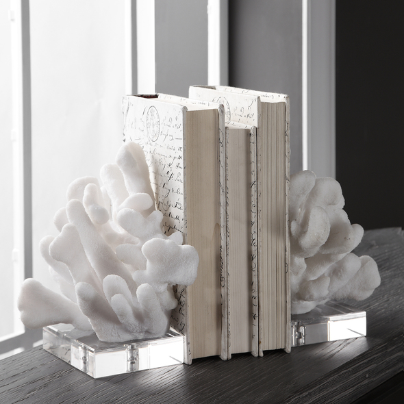 Uttermost Bookends Boxes and Bookends Set Of Two Bookends Featuring Textured Faux White Coral On Crystal Bases. Sizes: S- 5x9x8, L- 6x9x8
