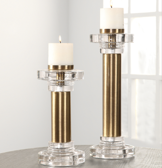 Uttermost Candleholders Candleholders Plated, Brushed Brass Cylinders With Chunky Clear Glass Accents And Two 3"x 3" Off-white Candles.