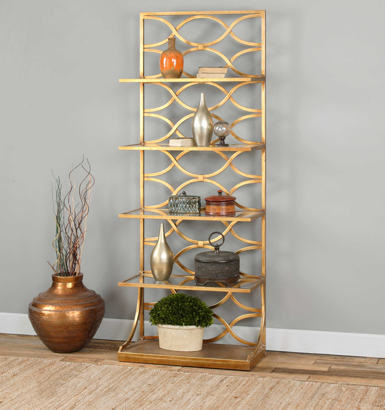 Uttermost Etageres Shelves and Bookcases Featuring A Graceful Forged Iron Fretwork Back, This Freestanding Etagere Is Finished In A Lustrous Gold Leaf Finish With Four Tempered Glass Shelves.