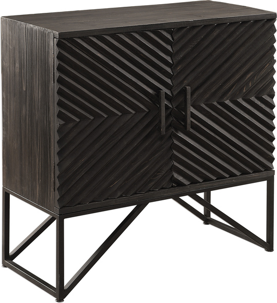 Uttermost  Accent Cabinets Chests and Cabinets Intricately Pieced With A Modern 3-dimensional Book Matched Chevron Pattern In Aged Ebony Finished Fir Wood, Contrasting With A Naturally Finished Rustic Top.  Supported By An Iron Base And Accented With Thick Iron Bar Hardware Finished In Black Steel. Has One Fixed Interior Shelf.