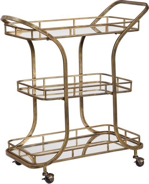  Uttermost Serving Cart / Kitchen Island Chests and Cabinets Hand Forged In Solid Iron, This Transitional Bar Cart Features Three Tray Style Mirrored Shelves Finished In Antiqued Gold, Complete With Rolling Casters.