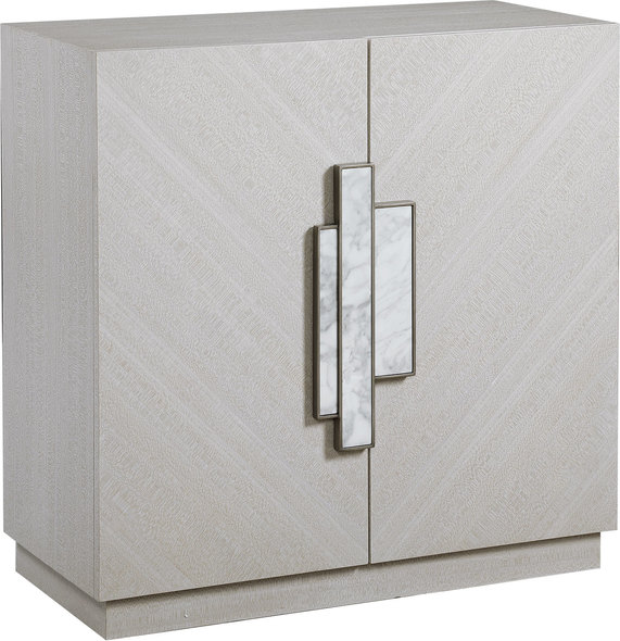 Uttermost  Accent Cabinets Chests and Cabinets Clean And Contemporary, This Two Door Cabinet Features An Upscale Feminine Style Layered In A Soft Gray Figured Koto Veneer. The Statement Geometric Hardware Features Inset White Marble Tiles With Brushed Silver Finished Accents. Hardware Connects To The Right-hand Door And Opens To Reveal One Adjustable Interior Shelf With Wire Management.