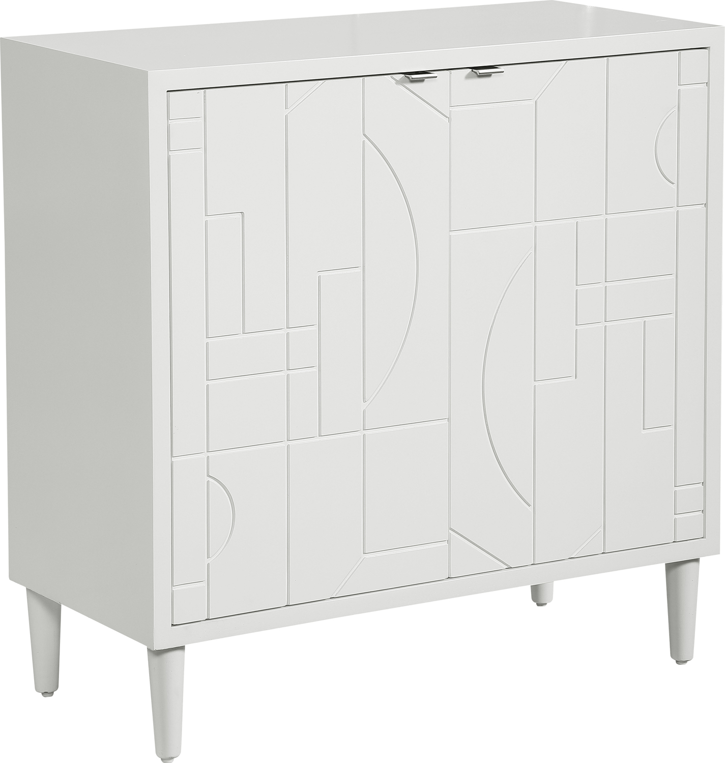  Uttermost Chests & Cabinets Chests and Cabinets Inspired By Classic Scandinavian And Nordic Designs, This Two Door Cabinet Is Constructed From Solid Wood And Layered In Maple Veneer With A Modern Gloss White Finish, Accented By Unique Geometric Carved Details And Stainless Steel Tab Door Pulls Finished In Polished Nickel. Has One Adjustable Interior Shelf And Wire Management.