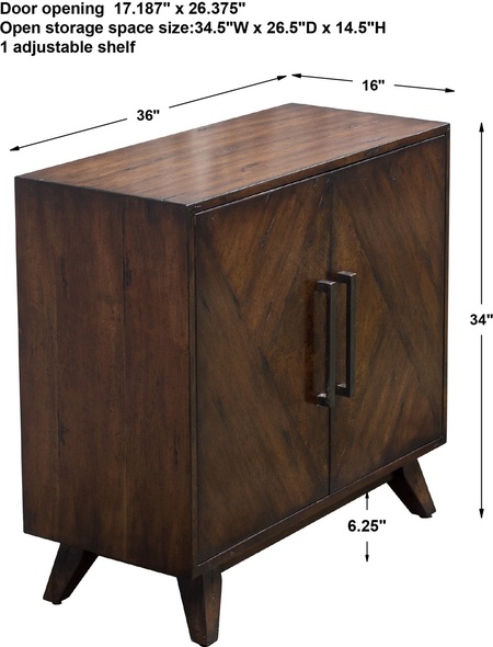  Uttermost Accent Cabinet Chests and Cabinets Mid-century Inspired Styling, With Geometrically Pieced Mango Veneer Doors Accented With An Ash Burl Veneer Center Finished In A Deep Mahogany Stain With Natural Distress Marks And Burnishing, Complete With Antique Brass Finished Bar Handles. Includes One Adjustable Interior Shelf.