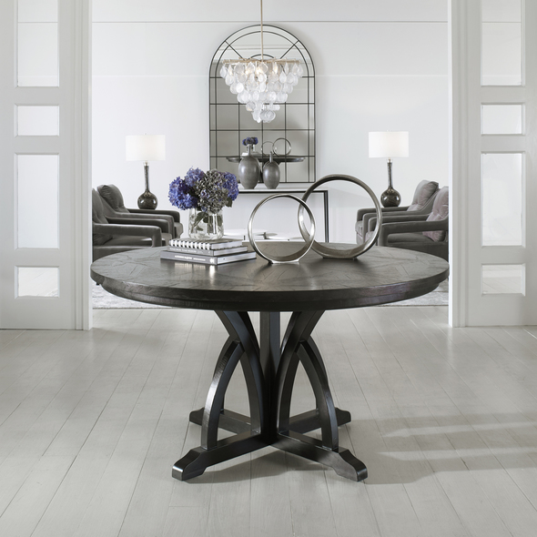 Uttermost  Dining Table Dining Room Tables Soft, Weathered Black Finish On Solid Mango Wood Arched Motif Base, With Rub-through Distressing On The Mindi Veneer Inlay Top.